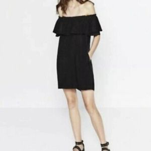 Zara Woman Premium Denim Black Ruffle Off Shoulder Mini Dress Size Small